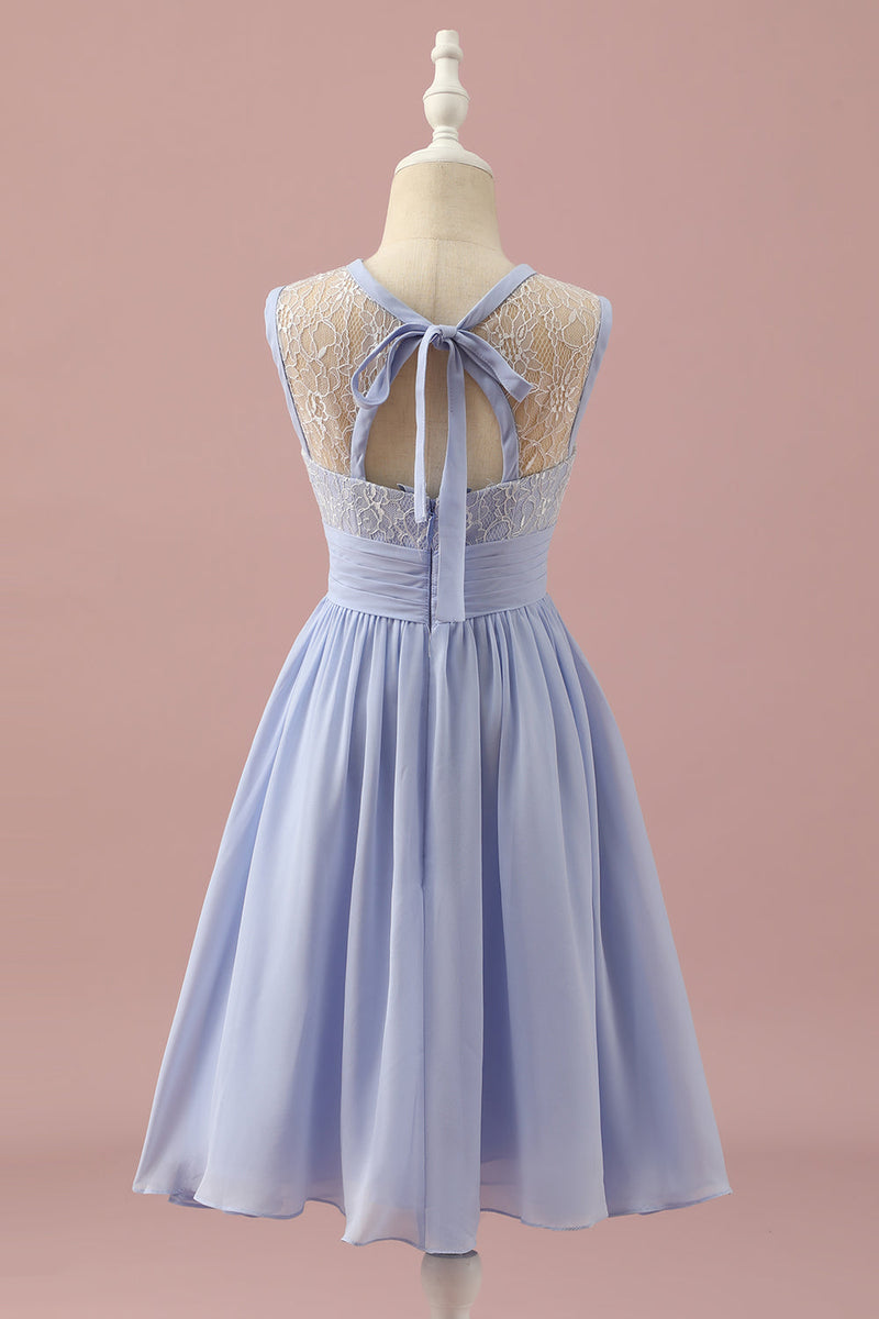 Załaduj obraz do przeglądarki galerii, Jasnofioletowa koronkowa i szyfonowa krótka sukienka dla druhen juniorów