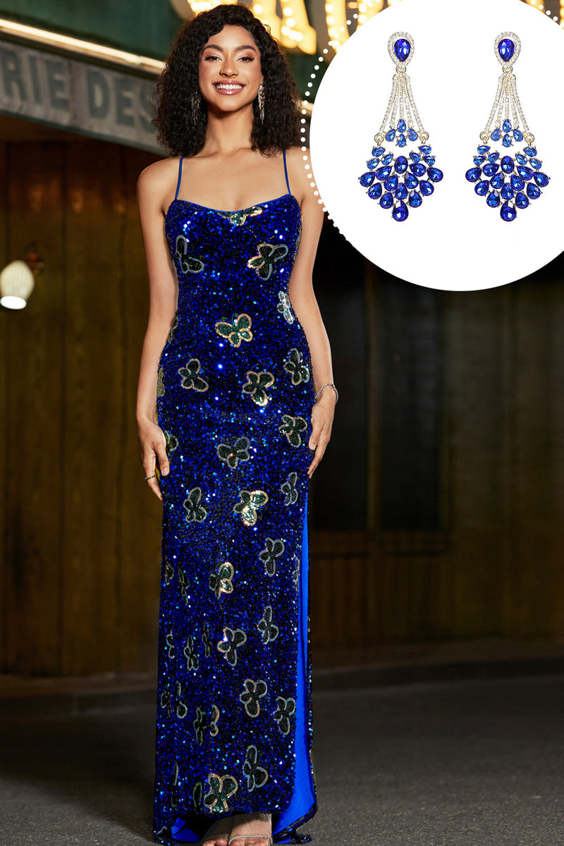 Załaduj obraz do przeglądarki galerii, Królewska niebieska syrenka na ramiączkach spaghetti cekiny długa sukienka na studniówkę z dodatkiem