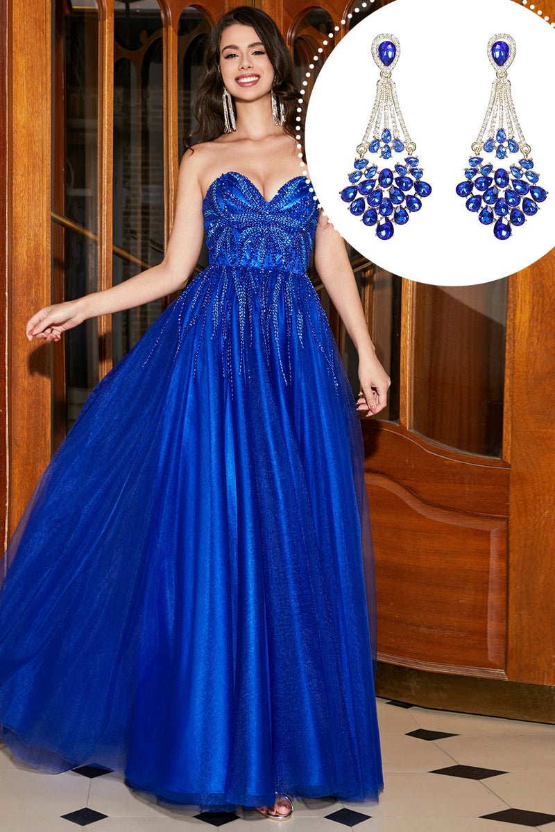 Załaduj obraz do przeglądarki galerii, Królewska Niebieska Sukienka Na Studniówkę Z Długimi Koralikami Z Dodatkiem
