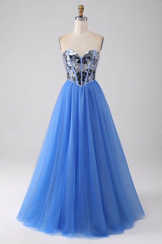 Królewski Niebieski Lustro Długa Sukienka Na Studniówkę w Kształcie Litery A