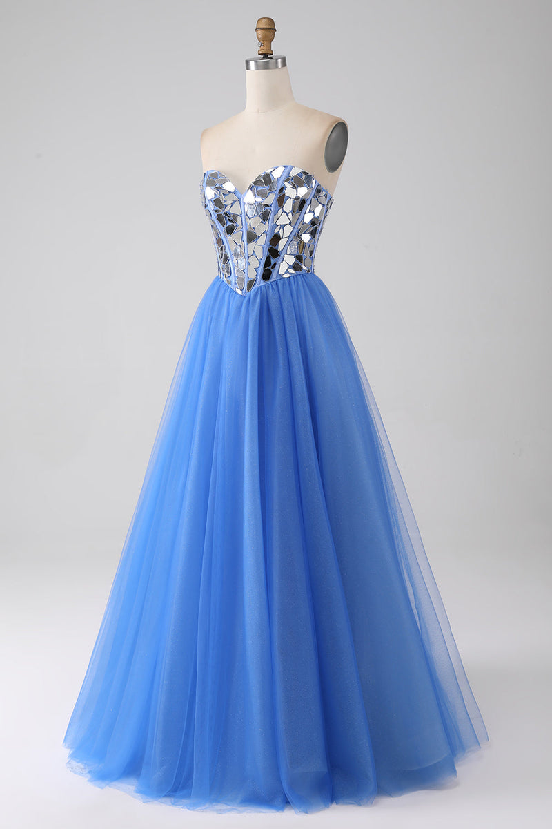 Załaduj obraz do przeglądarki galerii, Królewski Niebieski Lustro Długa Sukienka Na Studniówkę w Kształcie Litery A