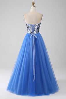 Królewski Niebieski Lustro Długa Sukienka Na Studniówkę w Kształcie Litery A