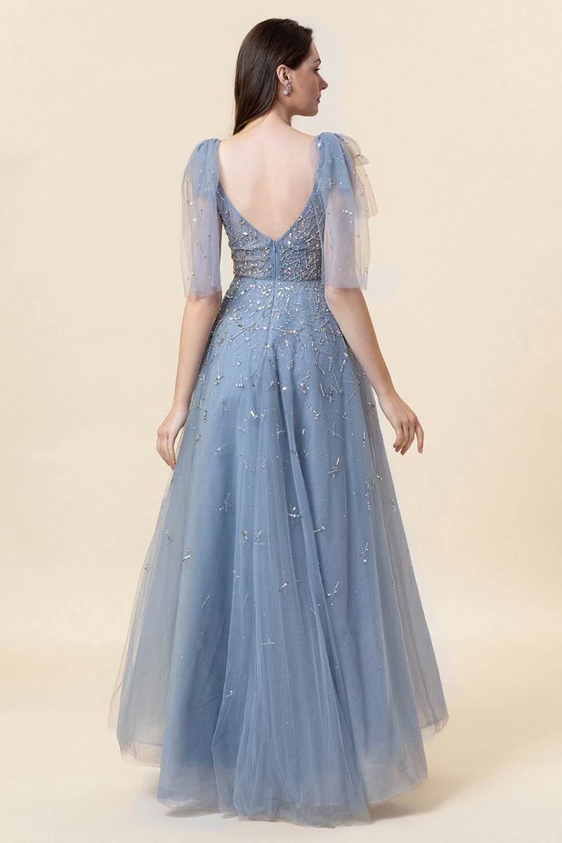 Załaduj obraz do przeglądarki galerii, Błyszcząca Niebieska Długa Tiulowa Sukienki Na Studniówke z Koralikami