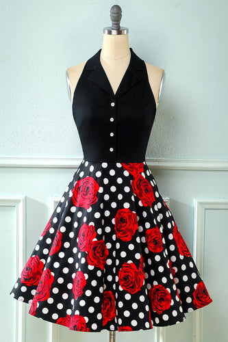 Czarna róża kwiatowy polka kropki vintage sukienka