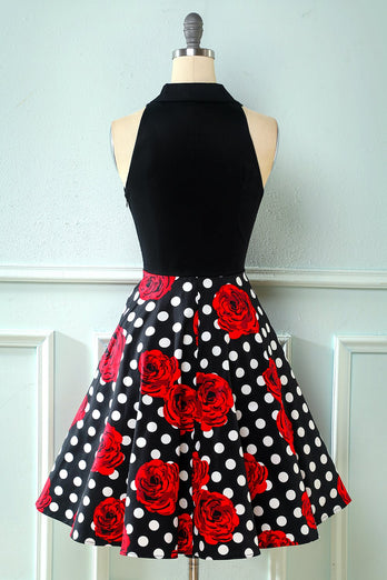Czarna róża kwiatowy polka kropki vintage sukienka