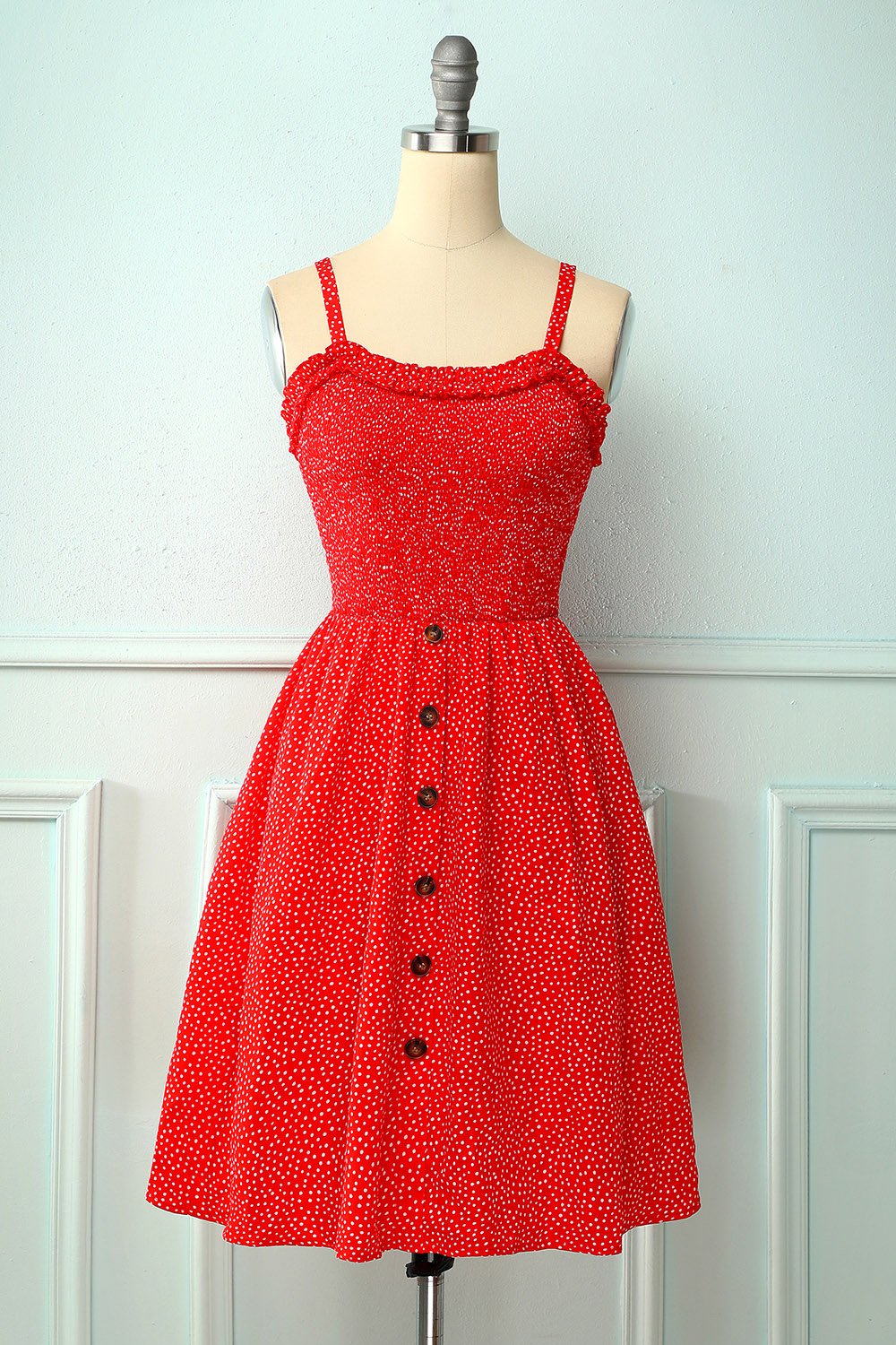 Czerwona Kwiecista Sukienka Z Guzikiem Vintage