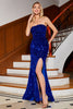 Załaduj obraz do przeglądarki galerii, Królewska niebieska sukienka na studniówkę z cekinami syrenki z rozcięciem