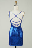 Royal Blue Tight Sequins Backless Homecoming Dress