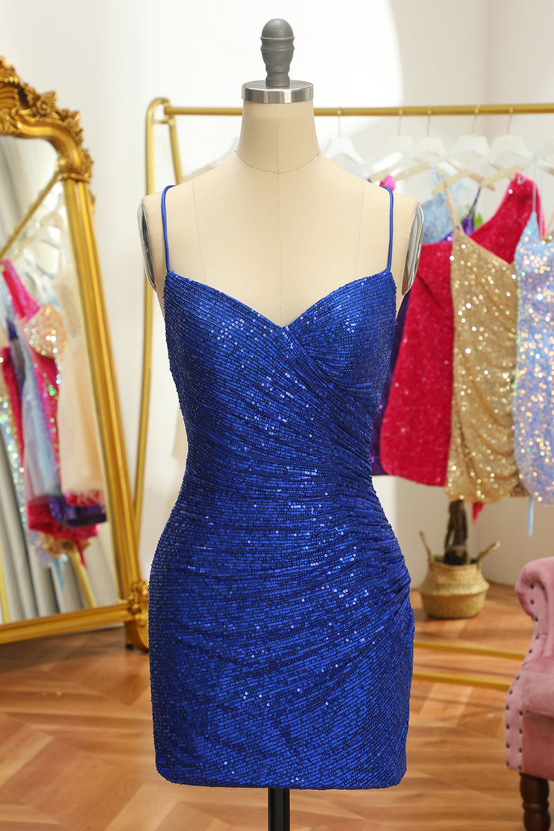 Załaduj obraz do przeglądarki galerii, Niebieska cekiny Obcisła backless Krótka sukienka Homecoming