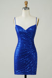 Sparkly Bodycon Spaghetti Straps Royal Blue Sequins Krótka sukienka Homecoming