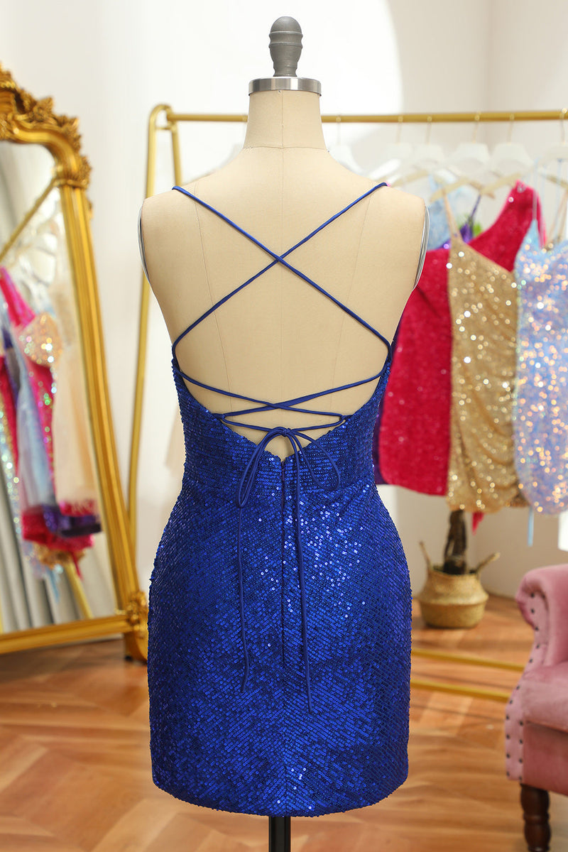 Załaduj obraz do przeglądarki galerii, Niebieska cekiny Obcisła backless Krótka sukienka Homecoming