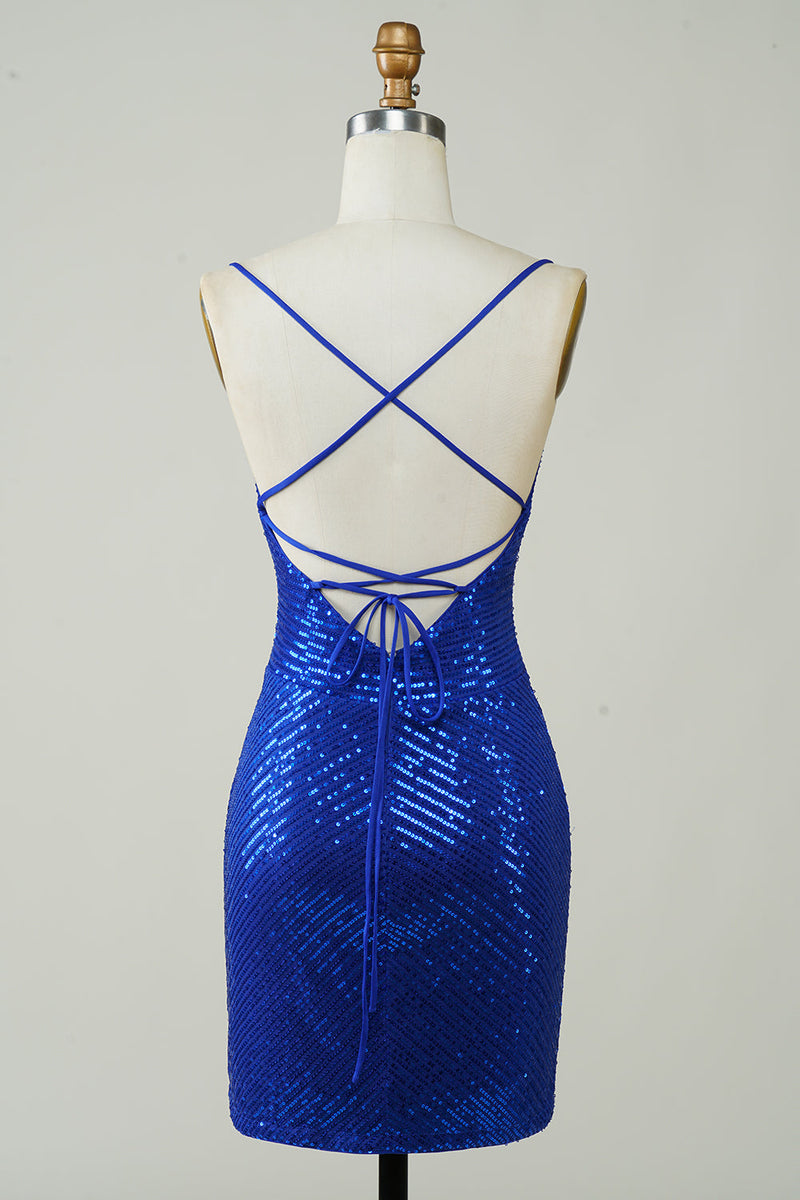 Załaduj obraz do przeglądarki galerii, Sparkly Bodycon Spaghetti Straps Royal Blue Sequins Krótka sukienka Homecoming