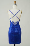 Sparkly Bodycon Spaghetti Straps Royal Blue Sequins Krótka sukienka Homecoming