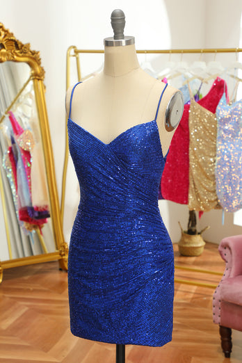 Niebieska cekiny Obcisła backless Krótka sukienka Homecoming
