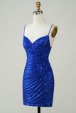 Sparkly Bodycon Spaghetti Straps Royal Blue Sequins Krótka sukienka Homecoming