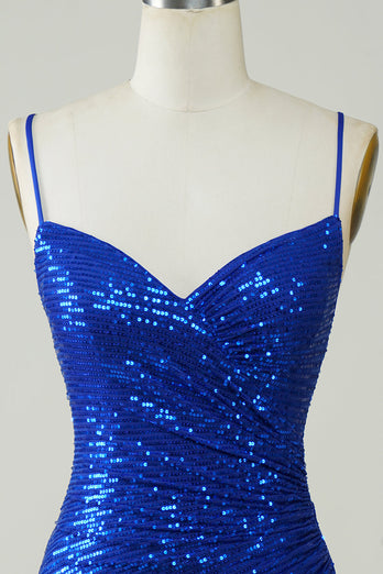 Sparkly Bodycon Spaghetti Straps Royal Blue Sequins Krótka sukienka Homecoming
