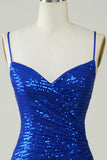 Sparkly Bodycon Spaghetti Straps Royal Blue Sequins Krótka sukienka Homecoming