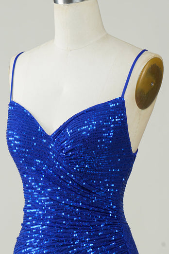 Sparkly Bodycon Spaghetti Straps Royal Blue Sequins Krótka sukienka Homecoming