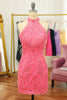 Załaduj obraz do przeglądarki galerii, Różowa otwarta tylna sukienka Halter Lace Tight Homecoming Dress