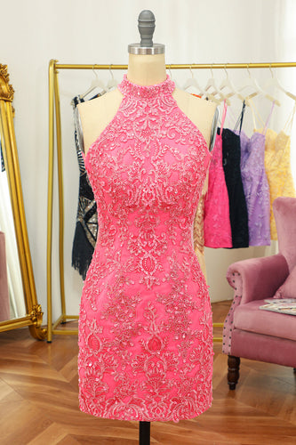 Różowa otwarta tylna sukienka Halter Lace Tight Homecoming Dress