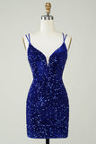 Pochwa Royal Blue Sequins Krótka sukienka Homecoming z Criss Cross Back