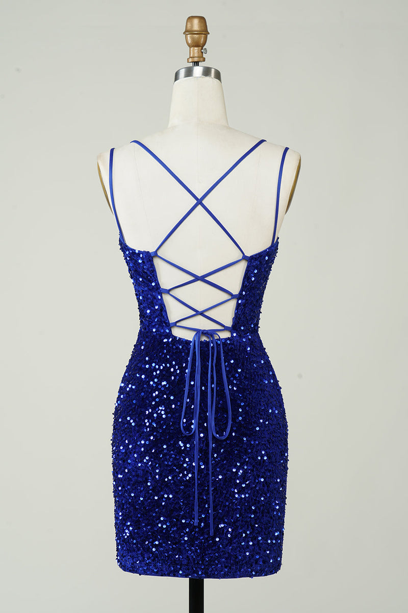 Załaduj obraz do przeglądarki galerii, Pochwa Royal Blue Sequins Krótka sukienka Homecoming z Criss Cross Back
