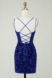 Pochwa Royal Blue Sequins Krótka sukienka Homecoming z Criss Cross Back