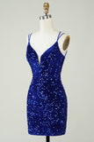 Pochwa Royal Blue Sequins Krótka sukienka Homecoming z Criss Cross Back