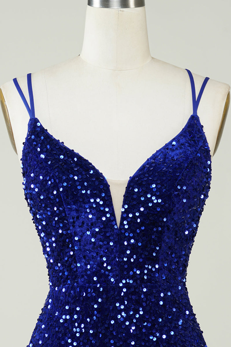 Załaduj obraz do przeglądarki galerii, Pochwa Royal Blue Sequins Krótka sukienka Homecoming z Criss Cross Back