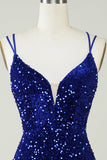 Pochwa Royal Blue Sequins Krótka sukienka Homecoming z Criss Cross Back