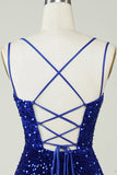 Pochwa Royal Blue Sequins Krótka sukienka Homecoming z Criss Cross Back