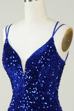 Pochwa Royal Blue Sequins Krótka sukienka Homecoming z Criss Cross Back