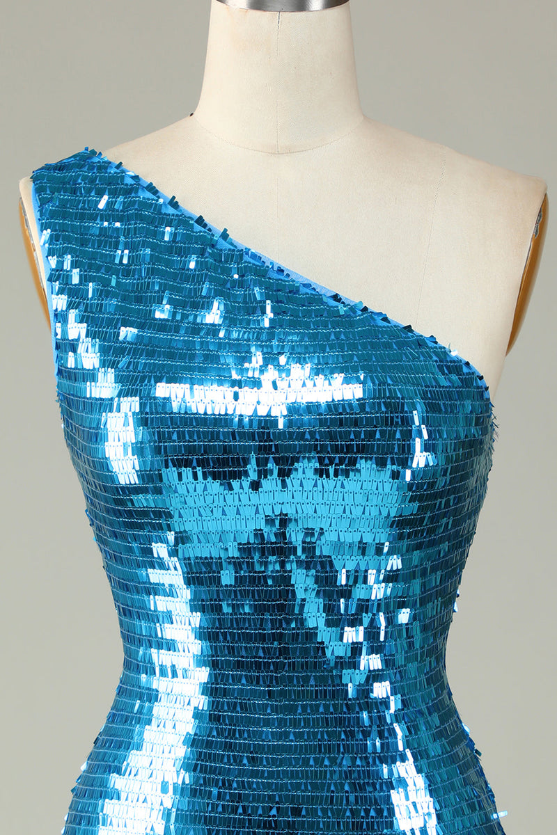 Załaduj obraz do przeglądarki galerii, Glitter Royal Blue One Shoulder Sequins Tight Hoco Dress