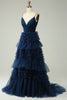 Załaduj obraz do przeglądarki galerii, Cienkich Ramiączkach Granatowa Sukienki Wieczorowe z Falbanami