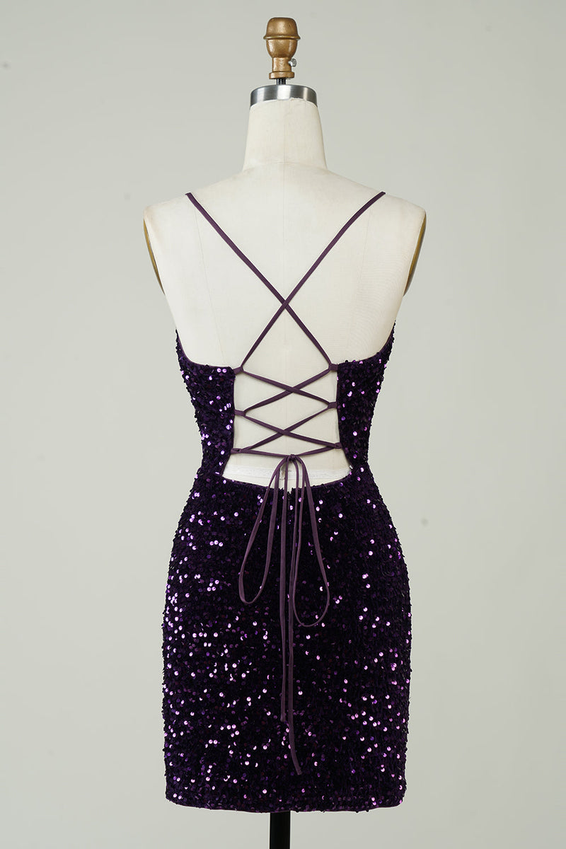 Załaduj obraz do przeglądarki galerii, Sparkly Purple Sequins Bez pleców Krótka krótka sukienka Homecoming z rozcięciem