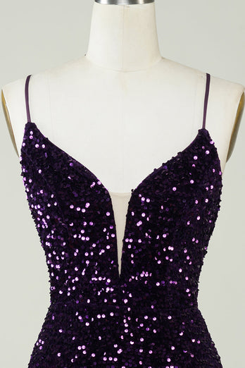 Sparkly Purple Sequins Bez pleców Krótka krótka sukienka Homecoming z rozcięciem