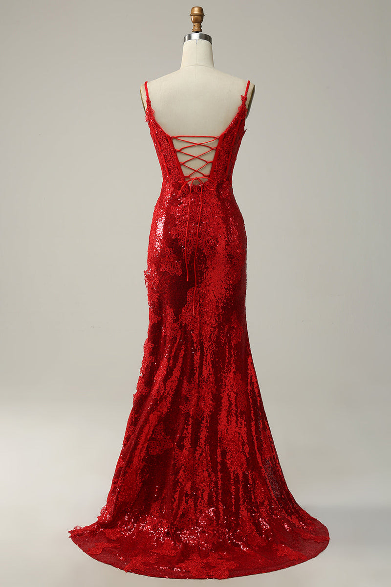 Załaduj obraz do przeglądarki galerii, Czerwona Długa Sukienka Na Studniówkę Z Dzielonym Przodem