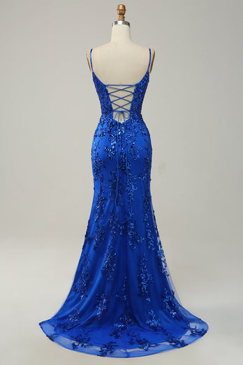 Syrena Królewska Niebieska Długa Sukienki Na Studniówke z Rozcięciem