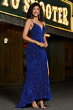 Royal Blue Mermaid Sznurowana Z Tyłu Cekinowa Długa Sukienka Na Studniówkę Z Rozcięciem