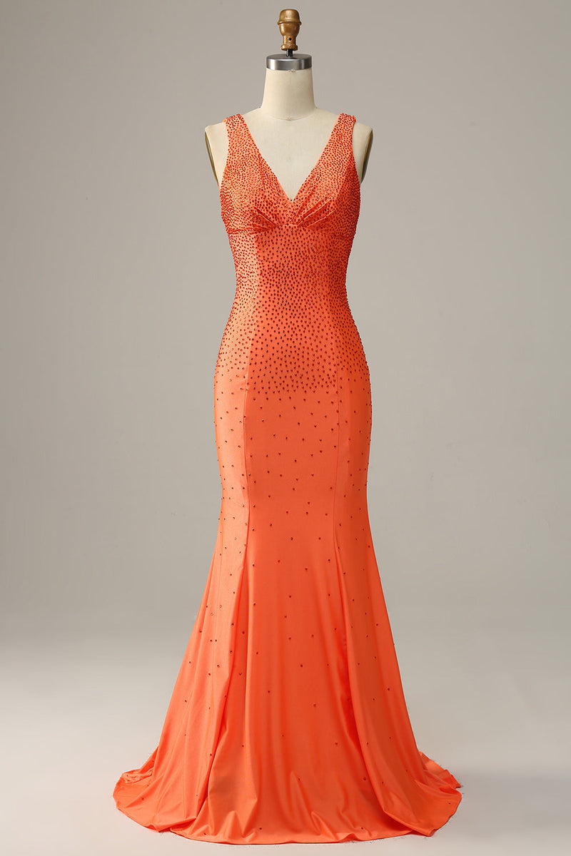 Załaduj obraz do przeglądarki galerii, Syrenka Pomarańczowa Dekolt V Sukienki Na Studniówke z Odkrytymi Plecami
