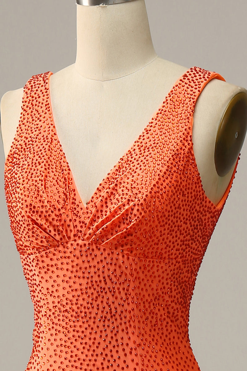 Załaduj obraz do przeglądarki galerii, Syrenka Pomarańczowa Dekolt V Sukienki Na Studniówke z Odkrytymi Plecami