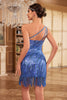 Załaduj obraz do przeglądarki galerii, Błyszcząca Płaszczowa Na Jedno Ramię Niebieski Cekiny Sukienka Lata 20