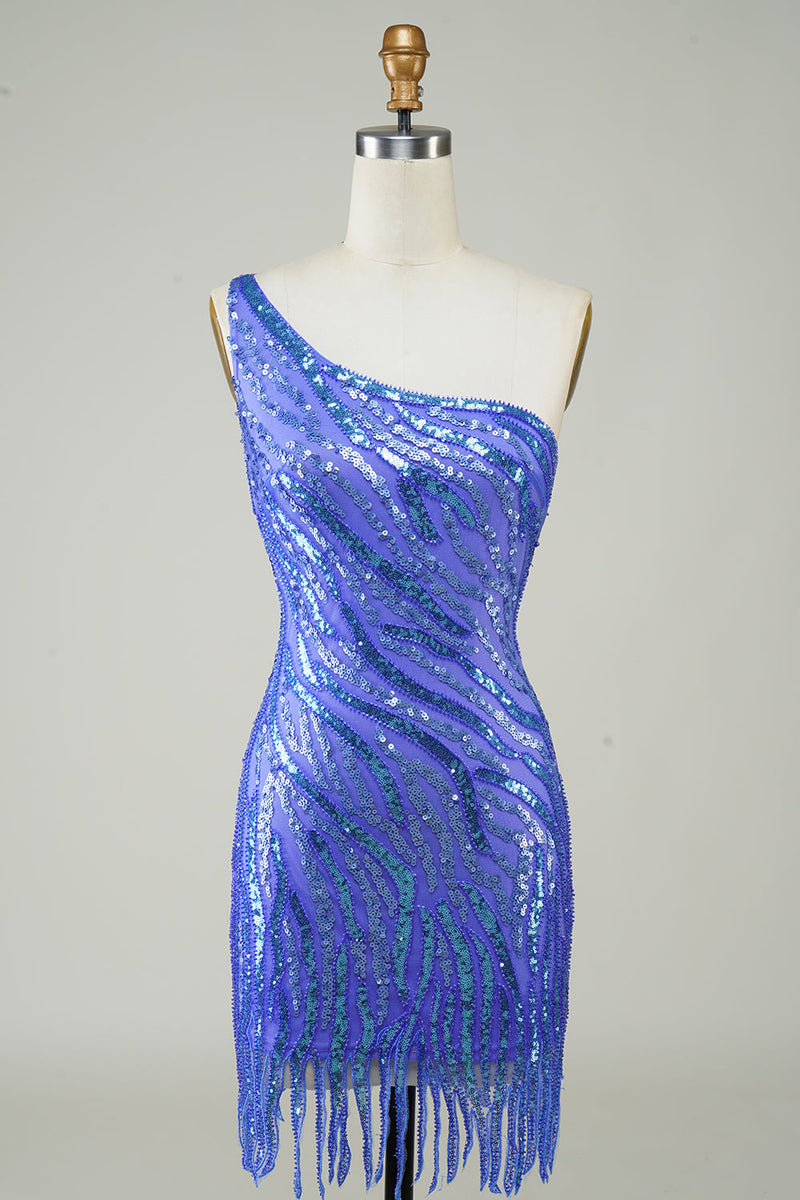 Załaduj obraz do przeglądarki galerii, Niebieska Na Jedno Ramię Błyszcząca Sukienki Na Impreze z Cekinami