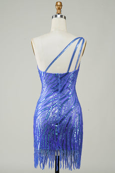 Pochwa One Shoulder Blue Sequins Krótka sukienka Homecoming z frędzlami