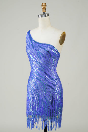 Pochwa One Shoulder Blue Sequins Krótka sukienka Homecoming z frędzlami
