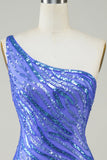 Pochwa One Shoulder Blue Sequins Krótka sukienka Homecoming z frędzlami