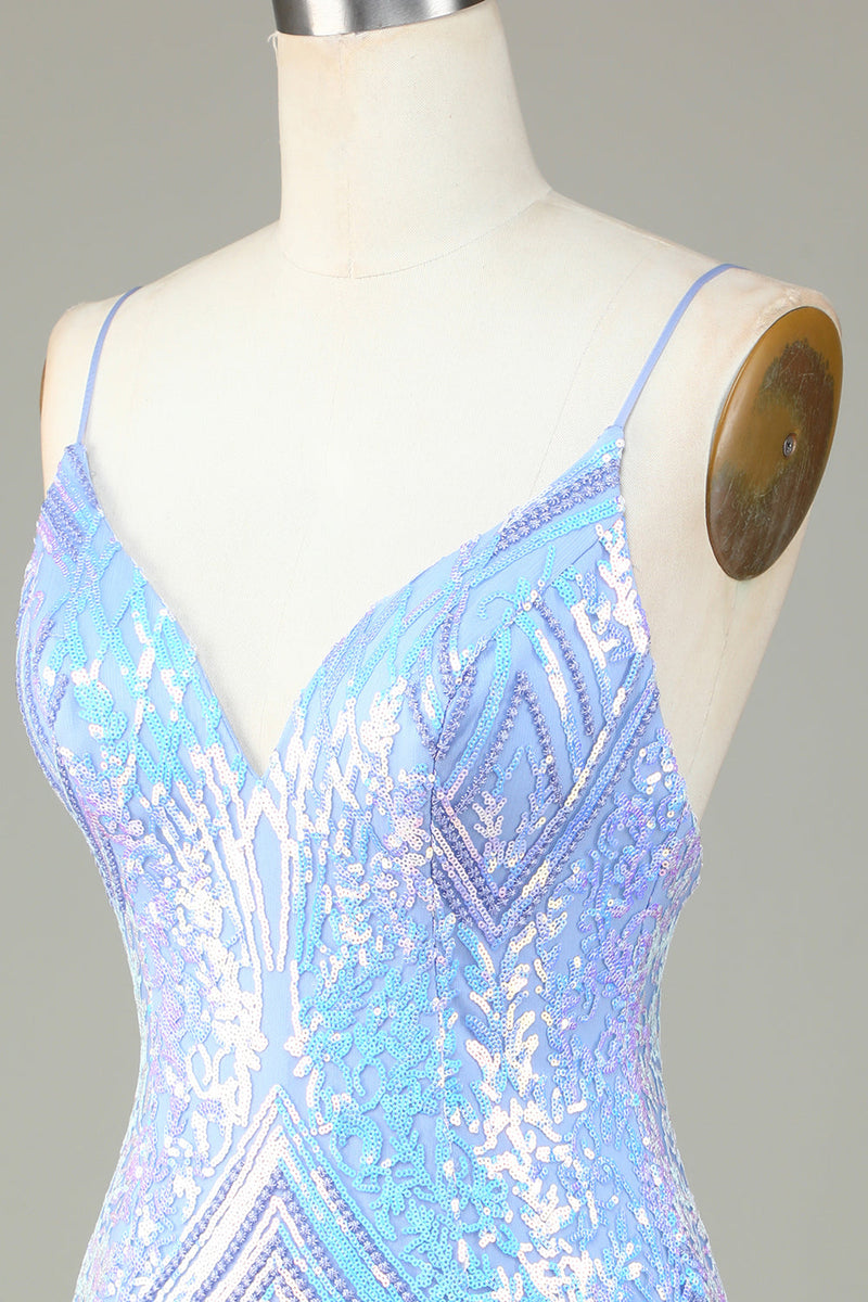 Załaduj obraz do przeglądarki galerii, Błyszczące paski spaghetti w pochwie Niebieskie cekiny Krótka sukienka Homecoming z plecami