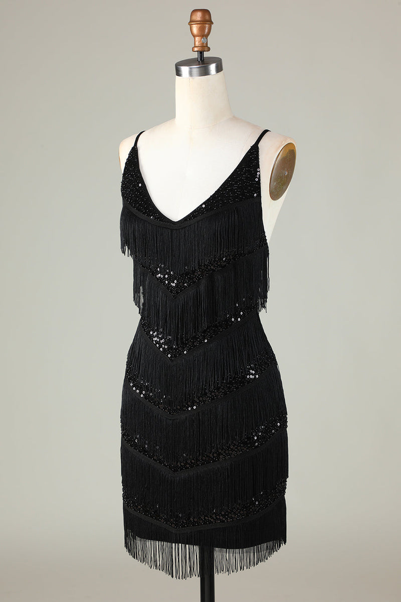 Załaduj obraz do przeglądarki galerii, Błyszczące czarne cekiny z koralików obcisła krótka sukienka do domu z frędzlami