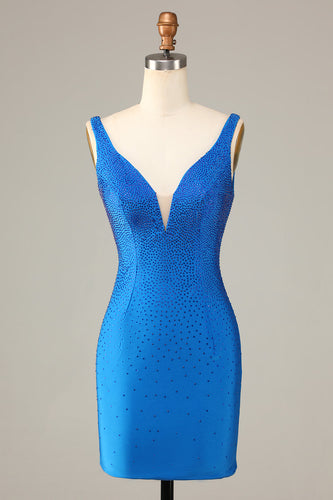 Pochwa Deep V Neck Blue Krótka sukienka Homecoming z frezowaniem