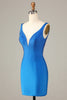 Załaduj obraz do przeglądarki galerii, Pochwa Deep V Neck Blue Krótka sukienka Homecoming z frezowaniem
